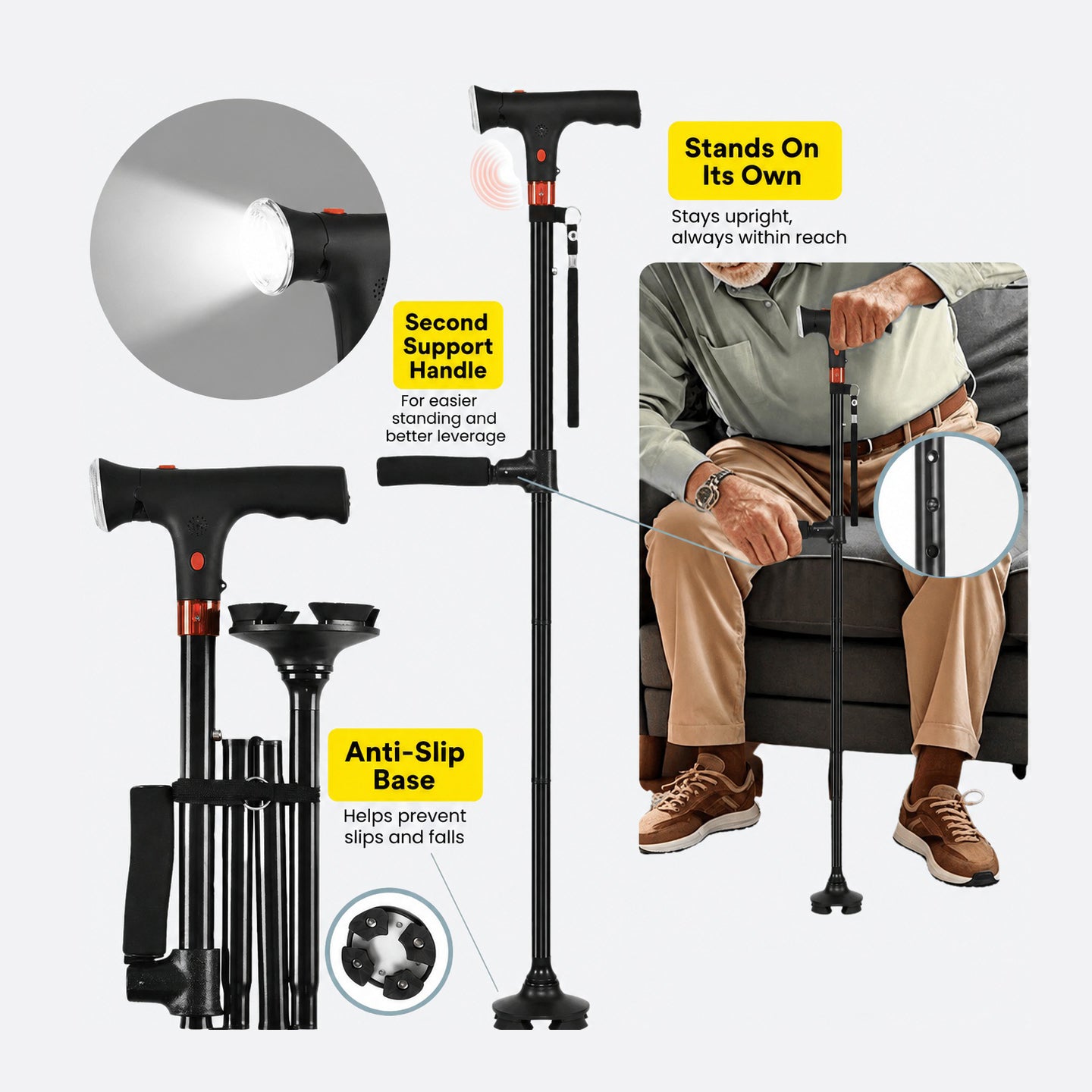 Audenora™ Smart Walking Cane – Foldable, Adjustable Cane with Alarm & LED Light