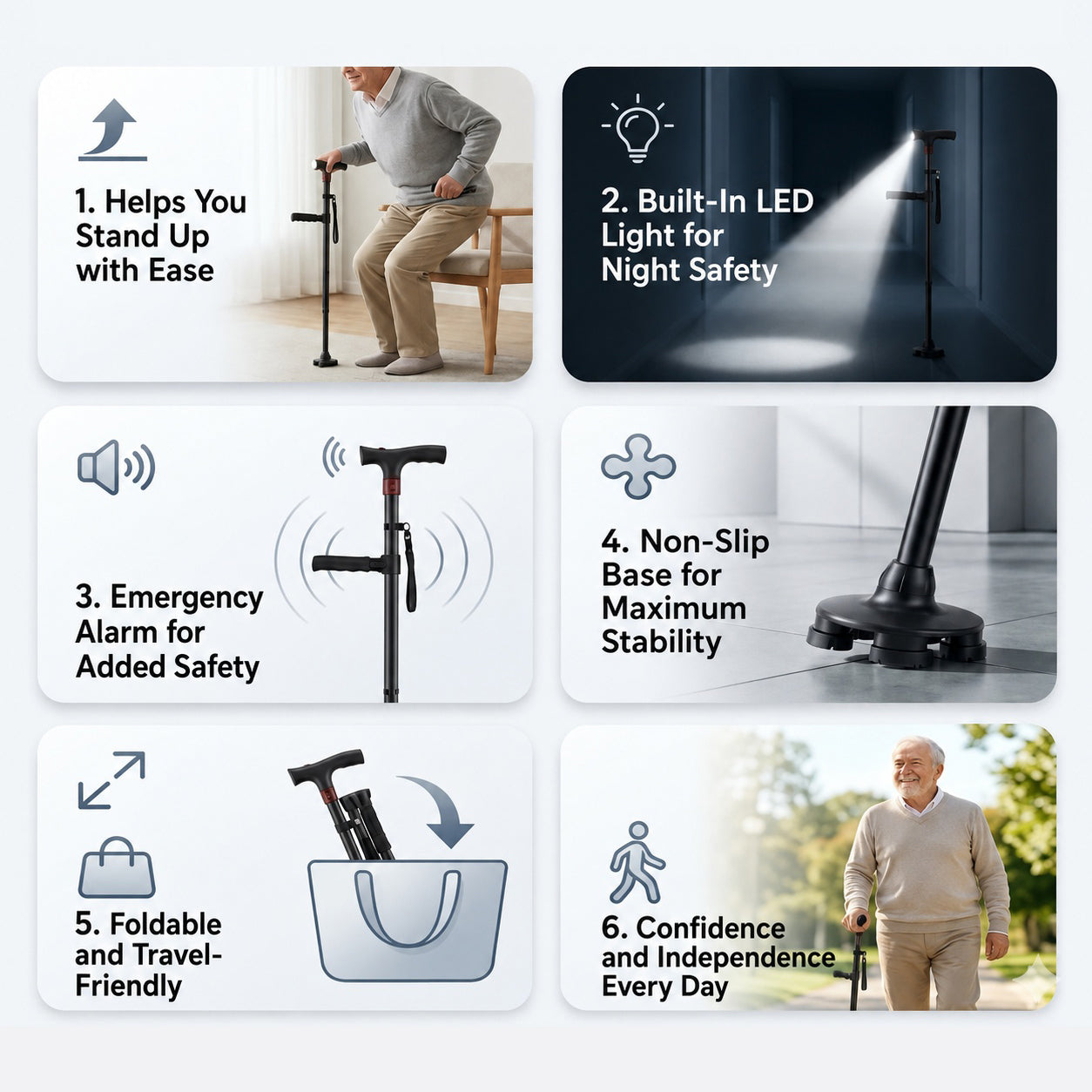 Audenora™ Smart Walking Cane – Foldable, Adjustable Cane with Alarm & LED Light